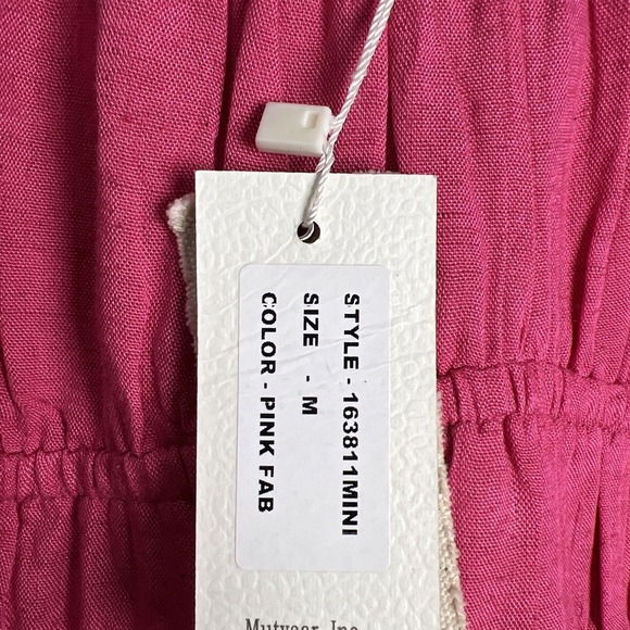 Sim & Sam Linen Blend Puff Sleeve Mini Dress Sundress Size Medium Hot Pink NWT - Picture 4 of 11